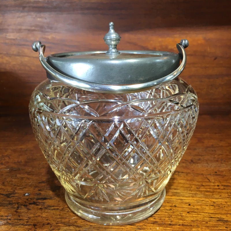 Victorian cut crystal biscuit barrel, plated lid & mount, c. 1890-0