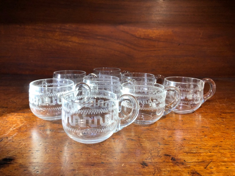 Set of 8 Greek Key pattern etched custard cups, c. 1900-0