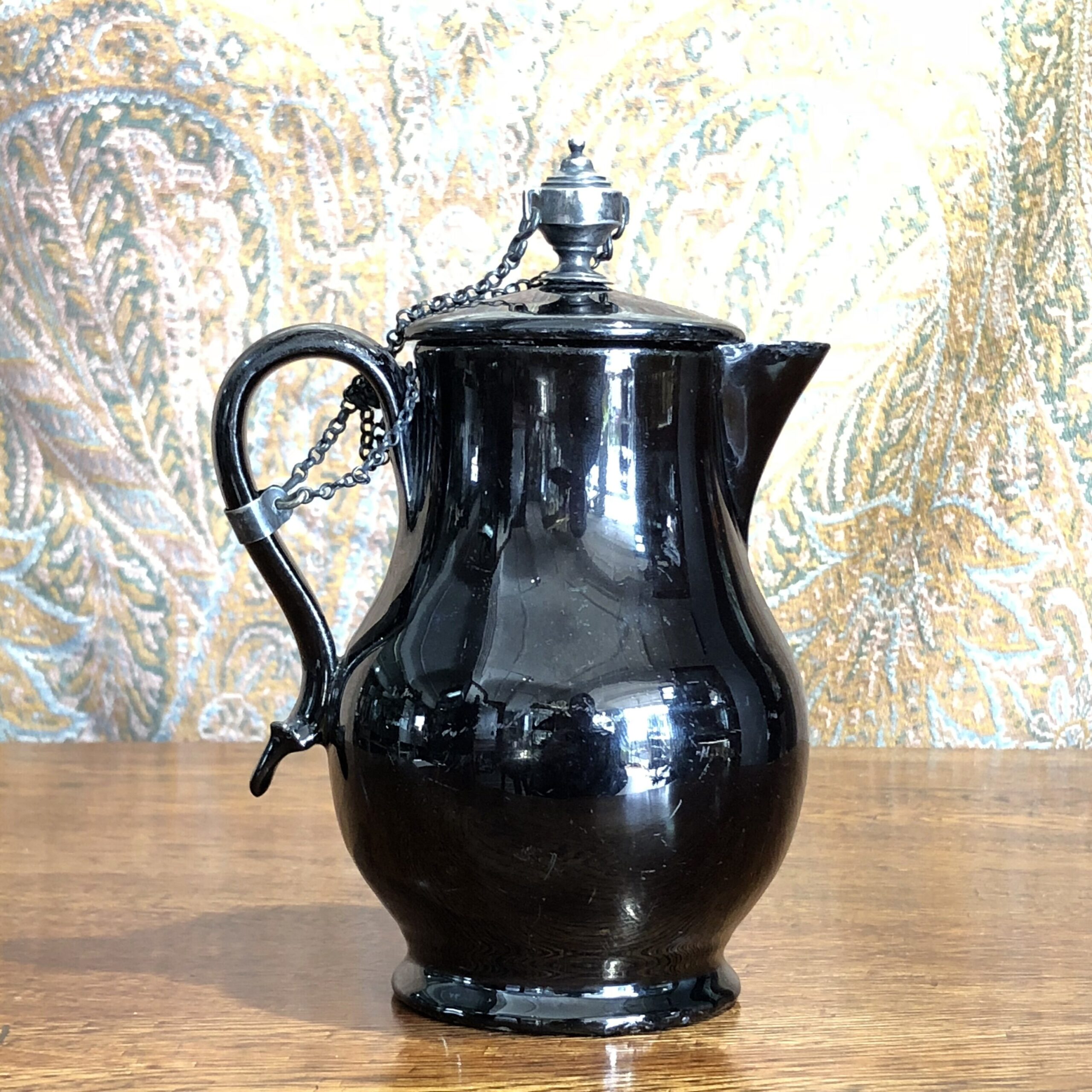 Jackfield glaze jug & cover, silver urn knop & animal head terminal, c. 1770