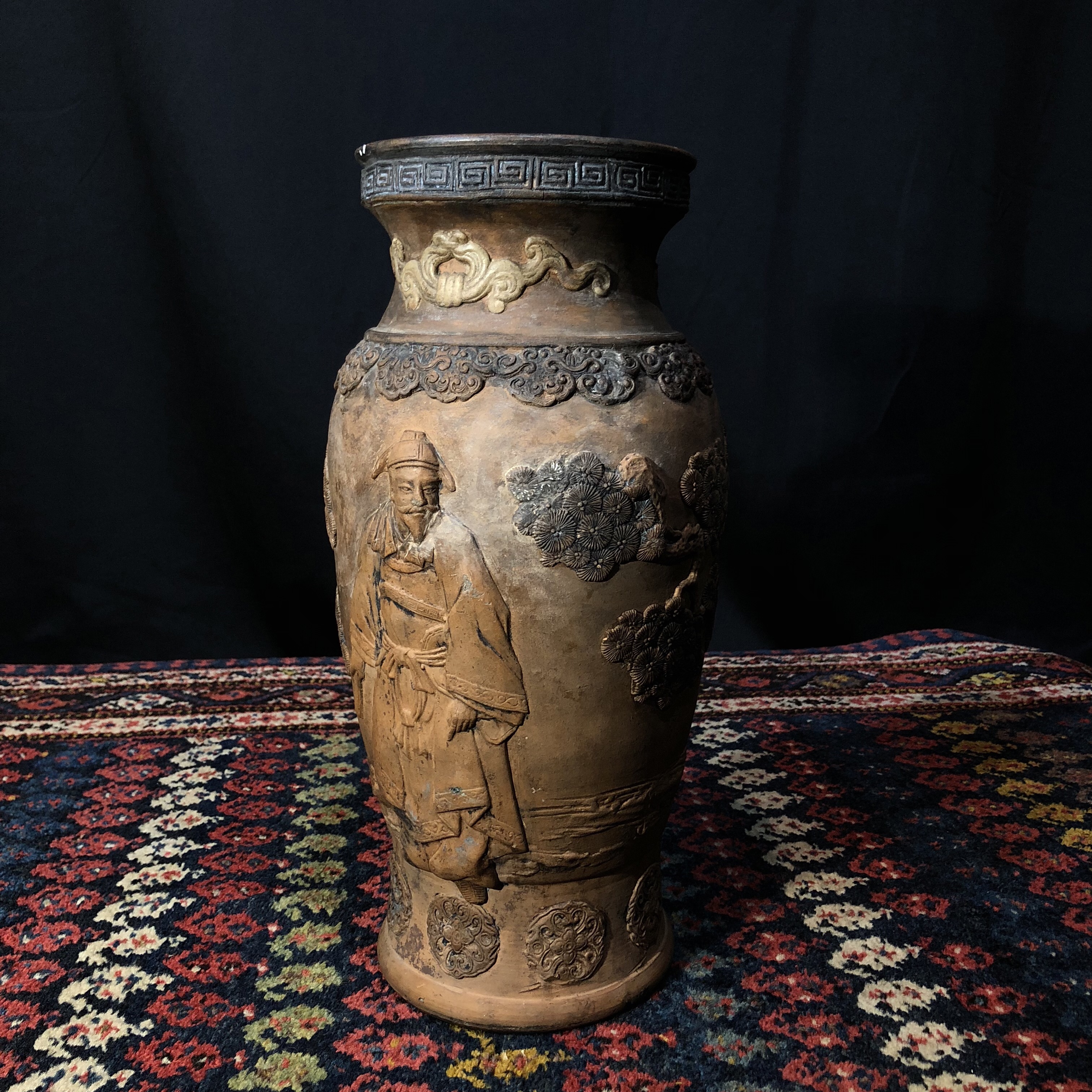 Japanese Pottery Vase Unfired With Relief Figures C 1890