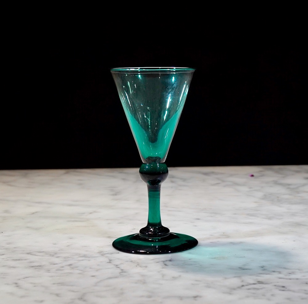 Georgian green glass wine glass, trumpet shape bowl, c. 1800