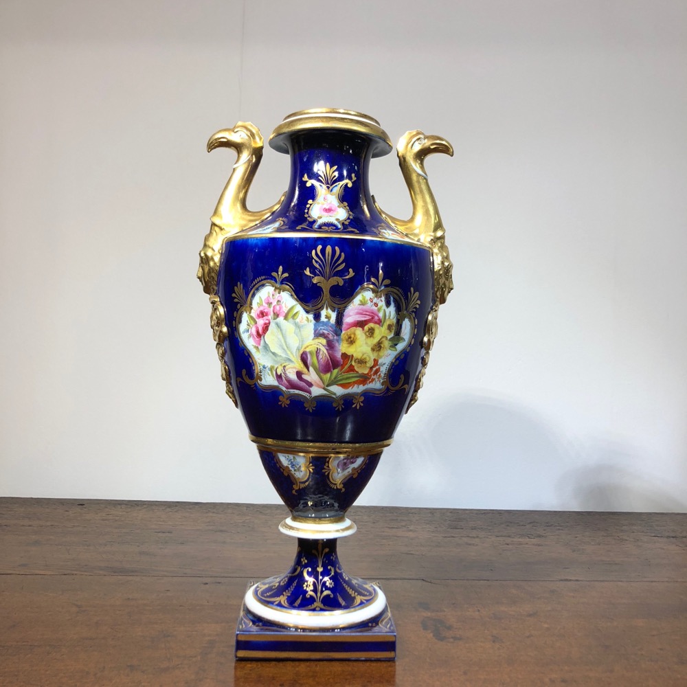 Large Coalport vase, birds head handles, flowers & scale blue, c.1805 ...