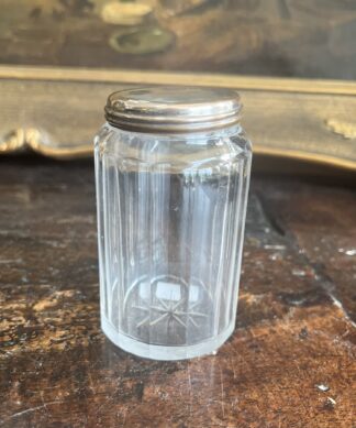 Early Victorian glass dressing table bottle with Old Sheffield Plate lid, c. 1840