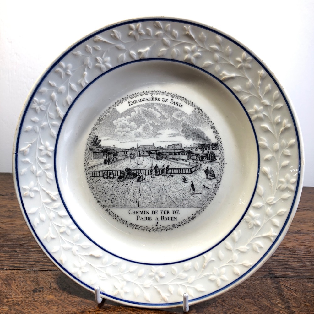 French CHOISY plate with railway scene- train on Paris-Rouen line- c. 1850