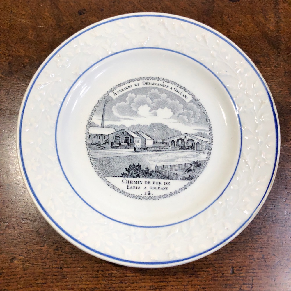 French CHOISY plate with railway scene- train on Paris-Orleans line- c. 1850