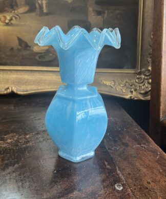 English Victorian turquoise glass vase, frilled rim c.1900