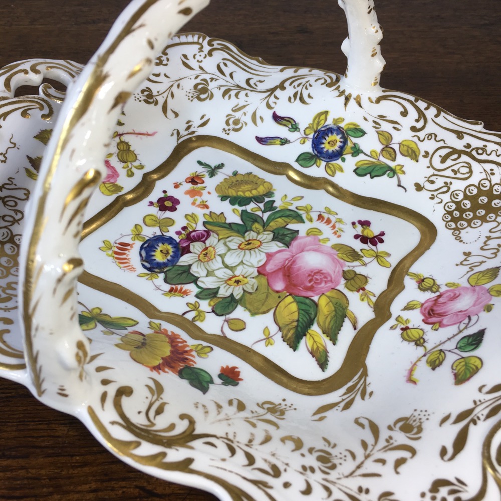 English bone china ‘basket’ dish, flowers & gilt, c. 1830 Moorabool