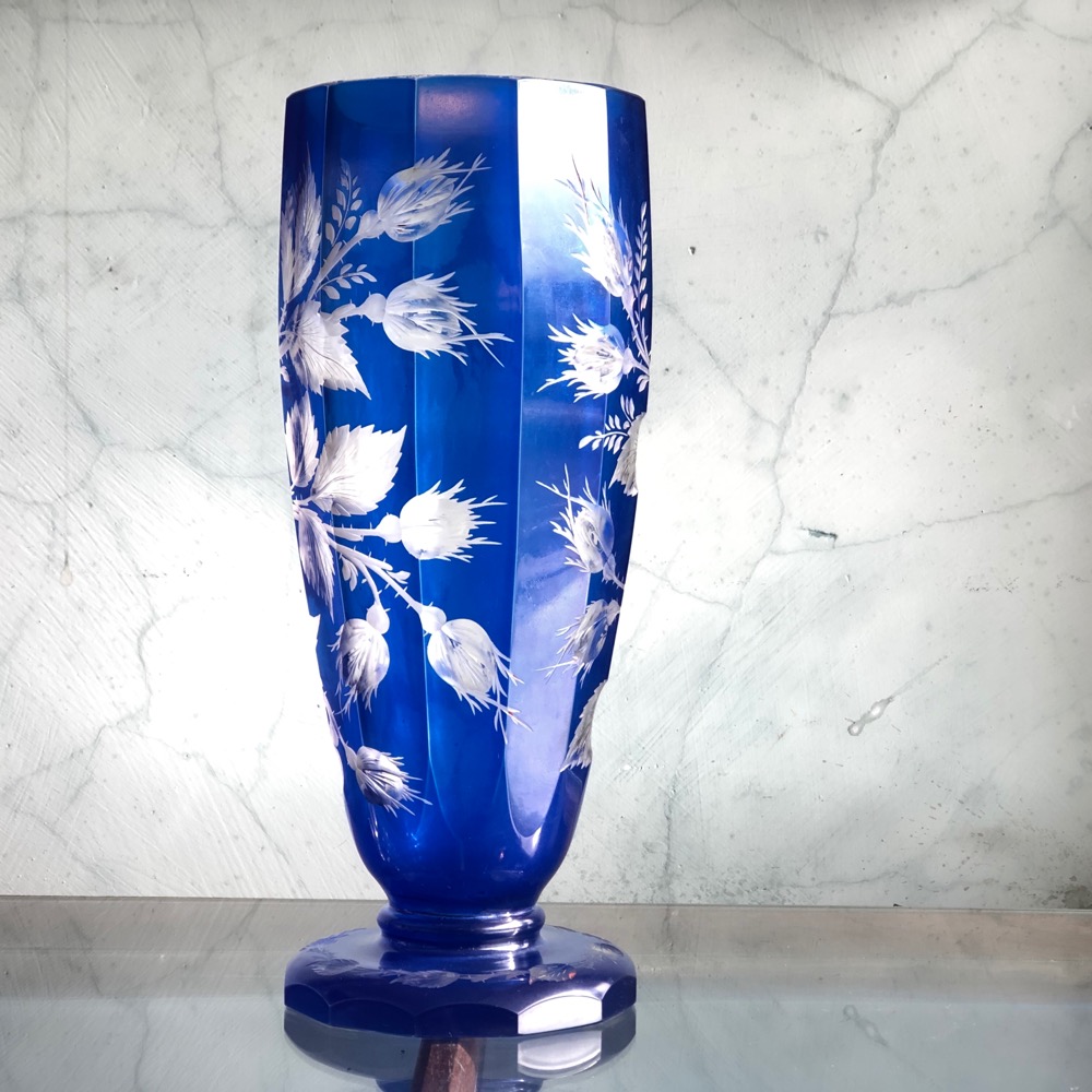 Large Bohemian Blue Overlay Glass Vase Superbly Cut With Flowers C 1880 Moorabool Antiques