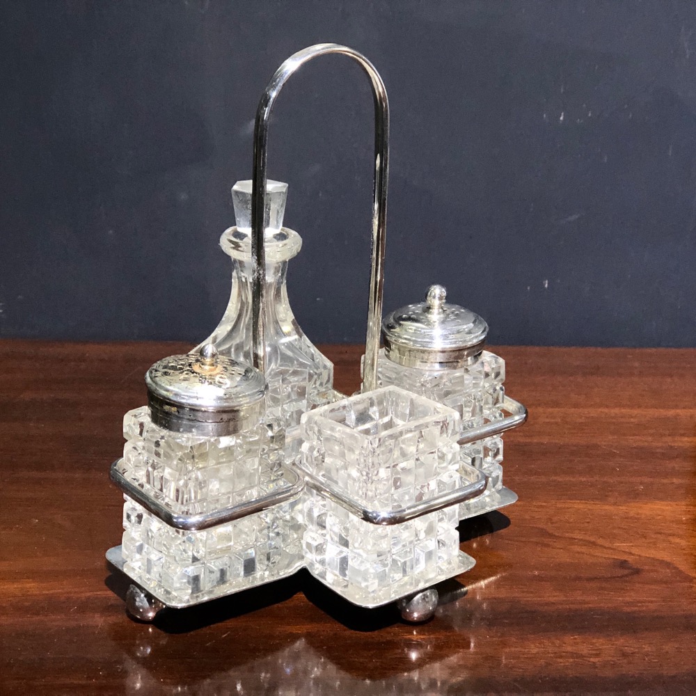 Silver plate cruet set, pepper salt vinegar & mustard, c. 1915