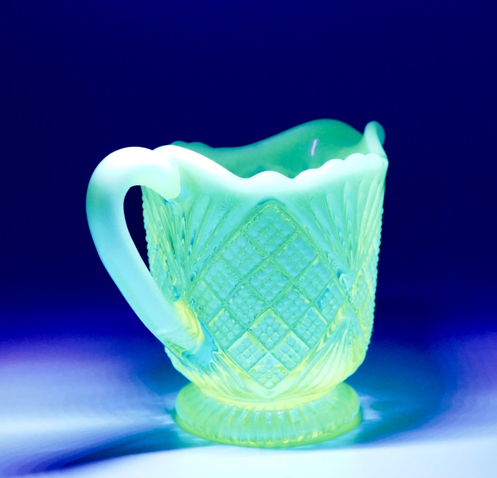 Victorian pressed Uranium ‘Vaseline’ glass jug, Davidson & Co c. 1890