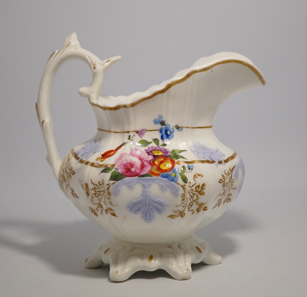 Elegant English porcelain milk jug, sprigged & painted, 'Chameleon' factory 1830