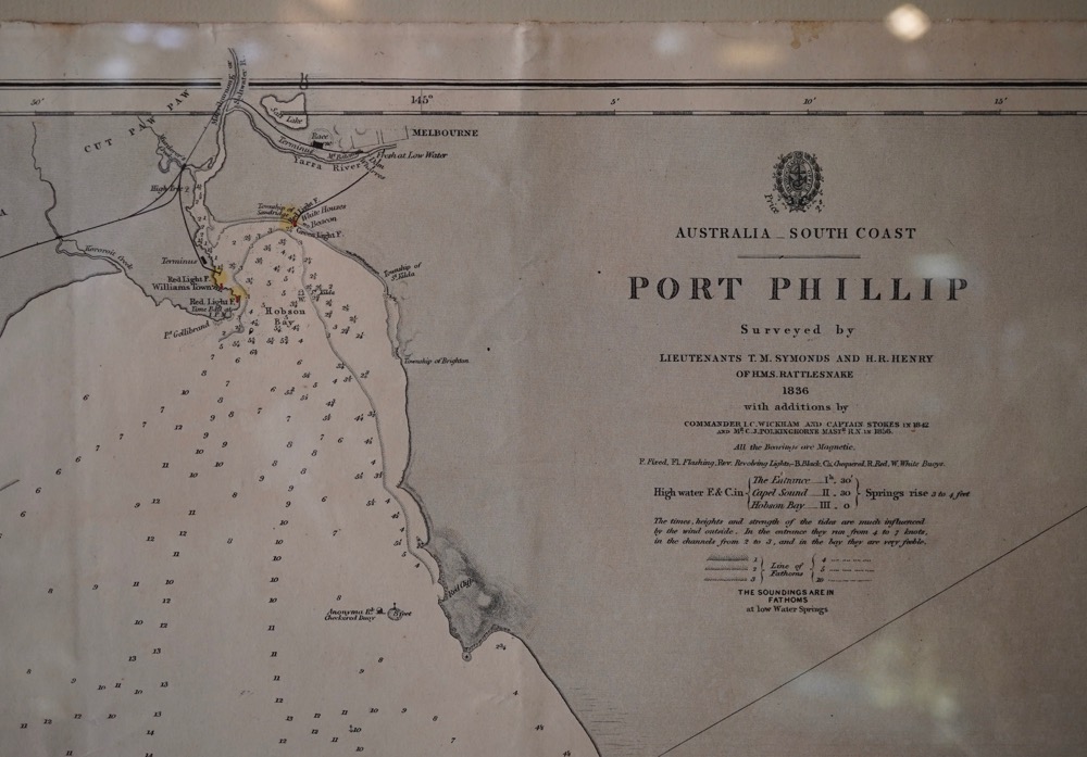 Framed Admiralty chart of Port Phillip, 1858 edition Moorabool Antiques Galleries