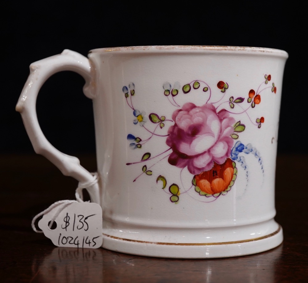 English porcelain mug, flowers & ‘SK 1839’, attr. Coalport Moorabool