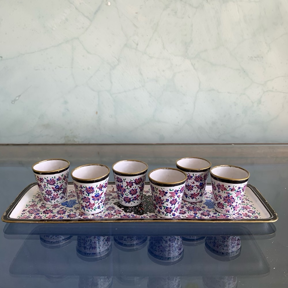 Set of 7 Persian enamel small beakers on tray, c. 1900