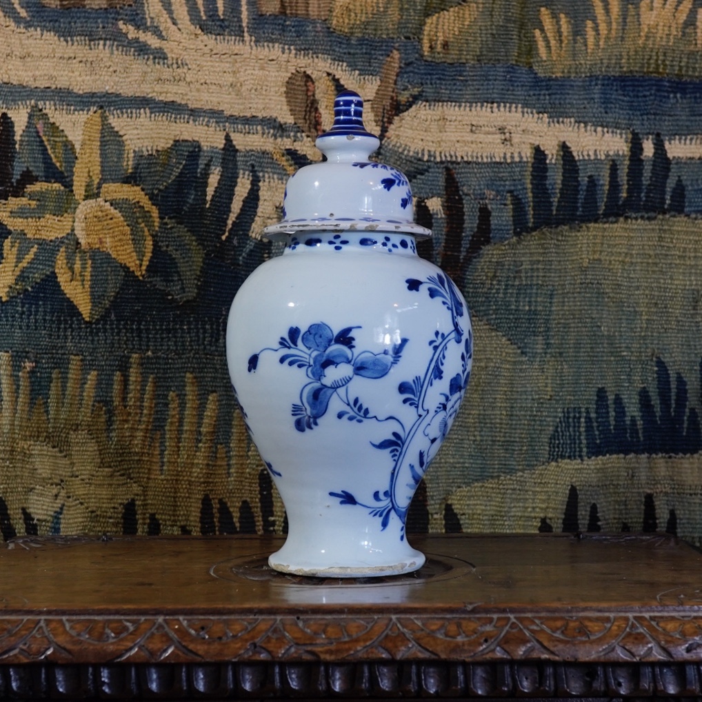 Dutch Delft baluster vase & lid, Rococo Chinoiserie garden, c. 1750