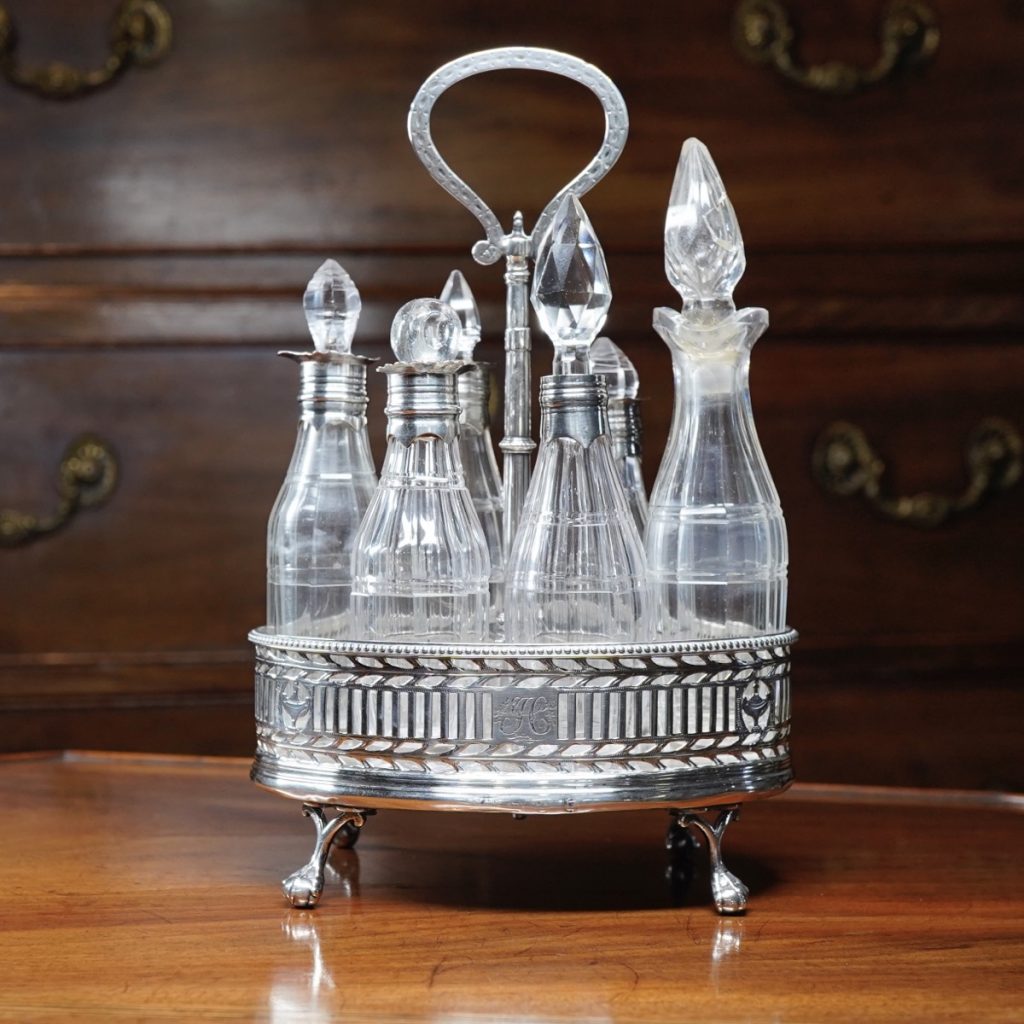 III Sterling Silver cruet set, 6 bottles, William Abdy, London