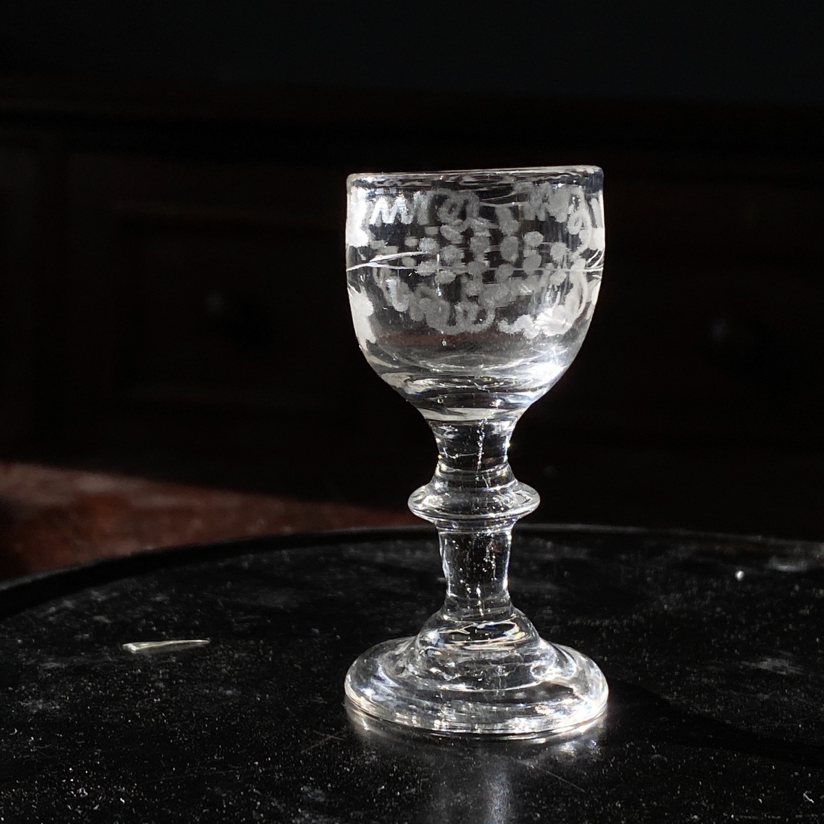 Georgian cordial glass, vine engraved, c. 1825