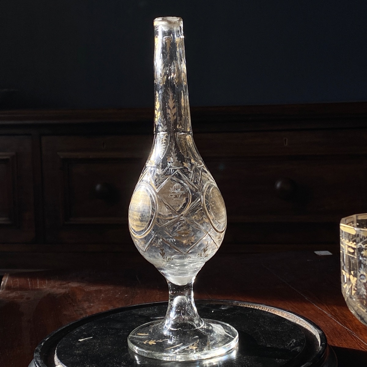 Glass rosewater bottle with cut and gilt decoration