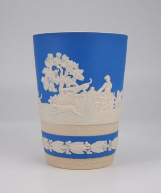 Spode-Copeland blue and white drybody tapered beaker, with hunt scene, c.1900