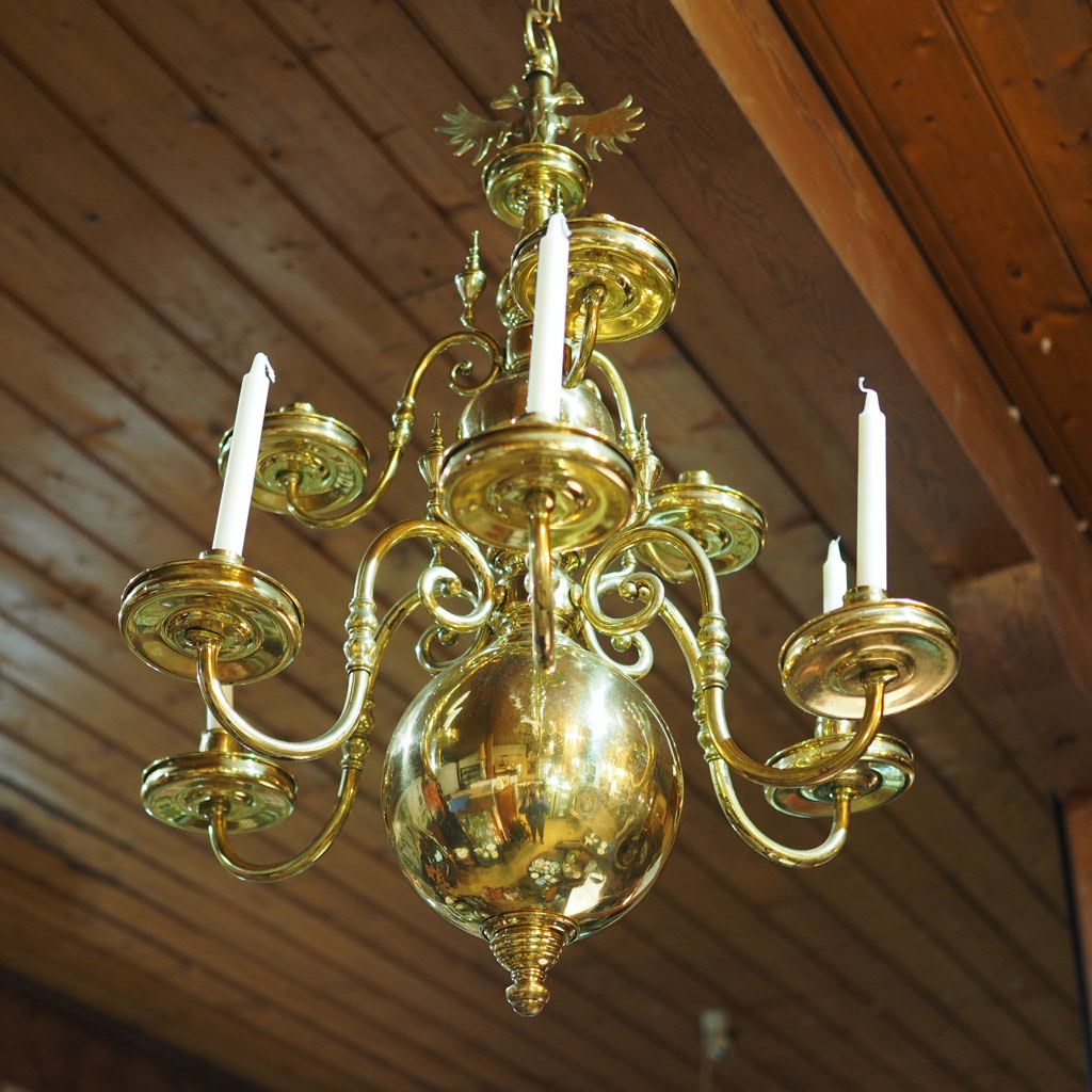 Large Dutch style brass light fitting, eagle finial, 19th century