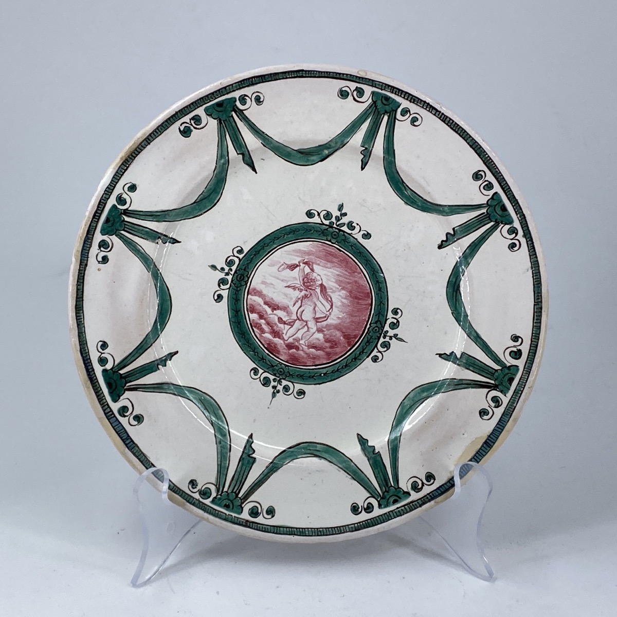 French neoclassical faience plate, Sceaux, cherub & swags, c.1780