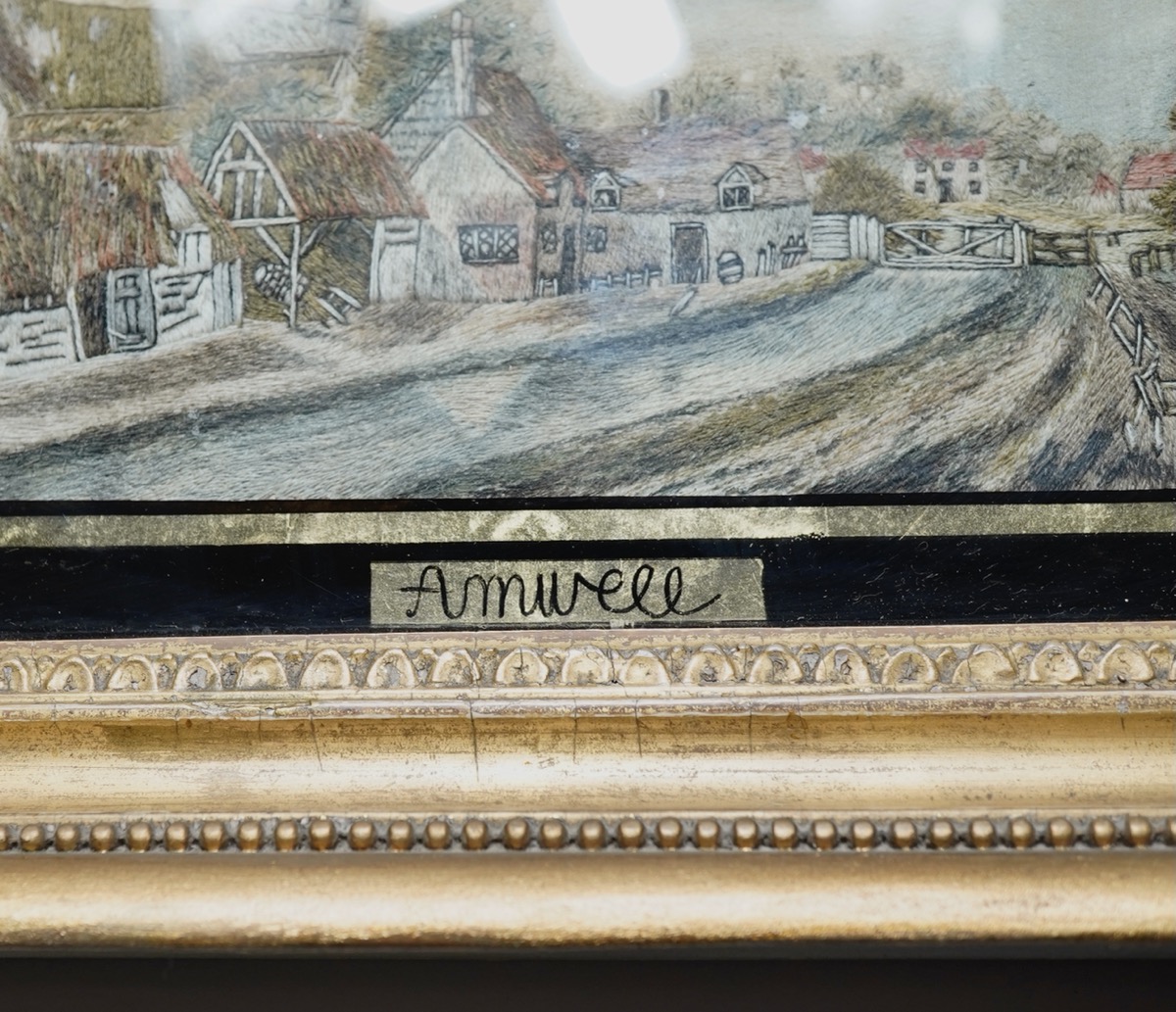 woolwork scenic picture, “Amwell”, original frame c.1820
