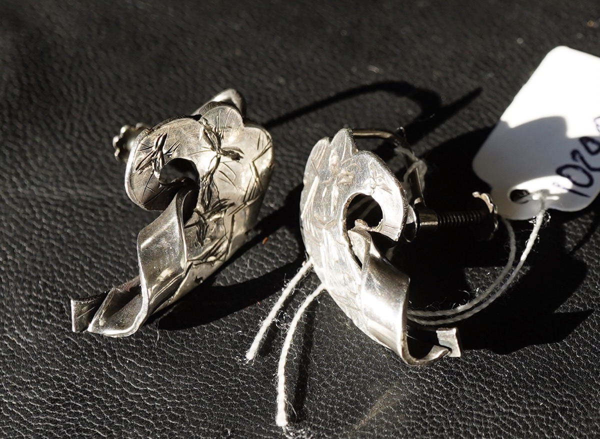 Sterling Silver earrings, aesthetic movement with insects, c. 1880