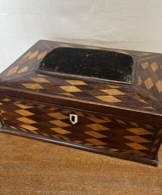 Colonial exotic timbers workbox with pincushion, mid 19th C