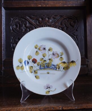 English delft plate, polychrome Oriental Garden, c. 1765