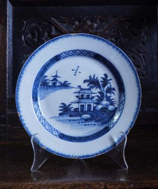 English delft plate, Chinese pagoda pattern, attr. Lambeth C.1785