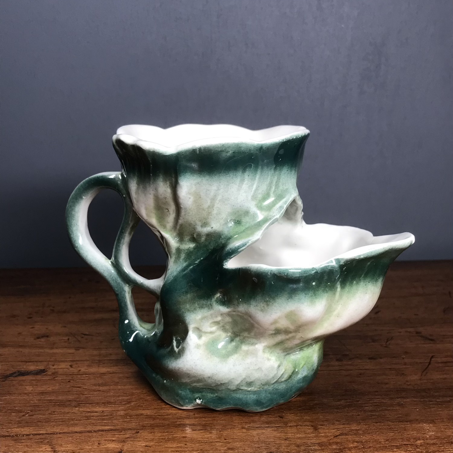 Art Nouveau porcelain shaving mug, organic form & green lustre, c.1905