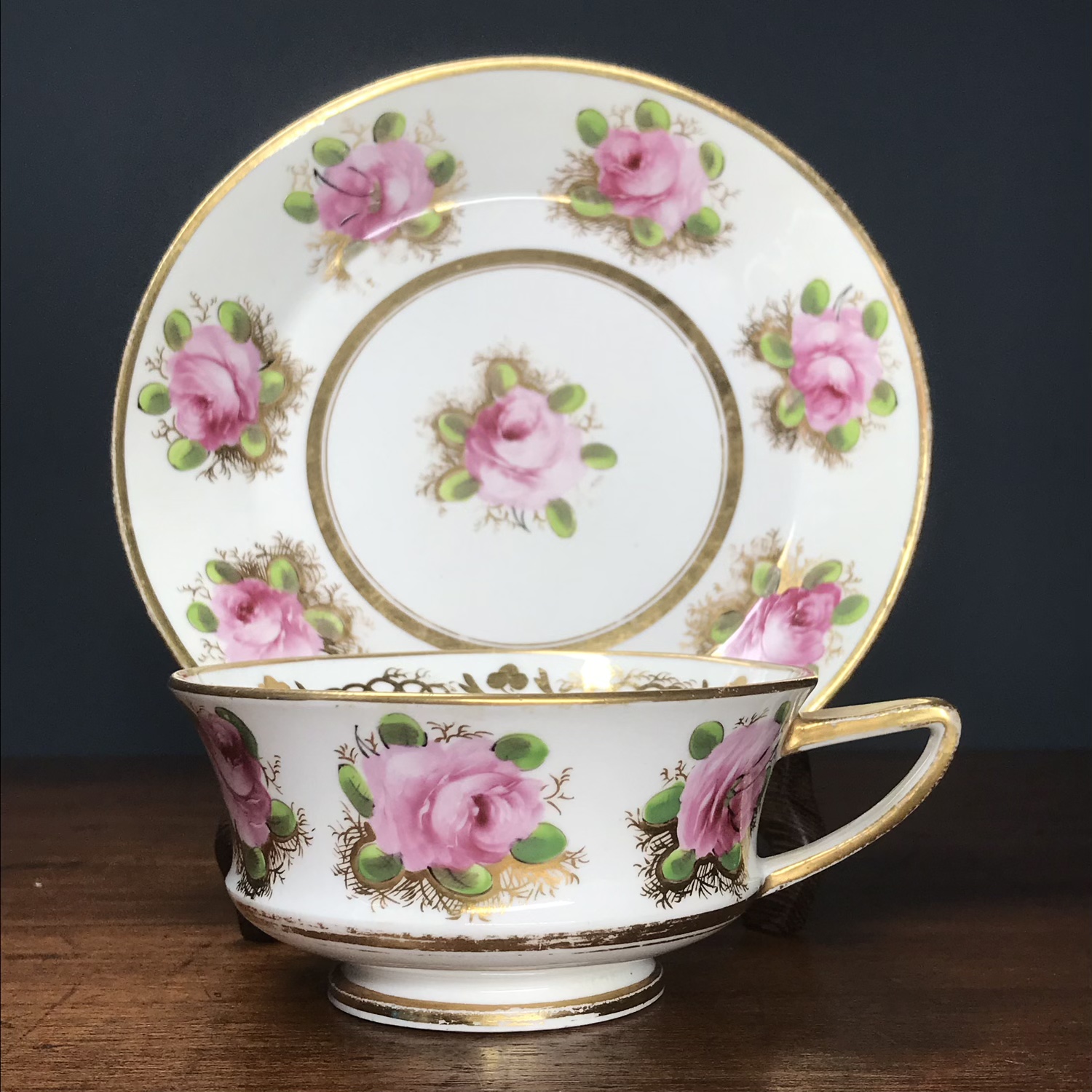 Davenport Etruscan shape cup & saucer, rose pattern, c.1815