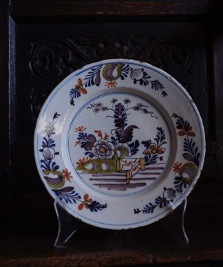 English delft plate, polychrome Oriental Landscape, c.1760