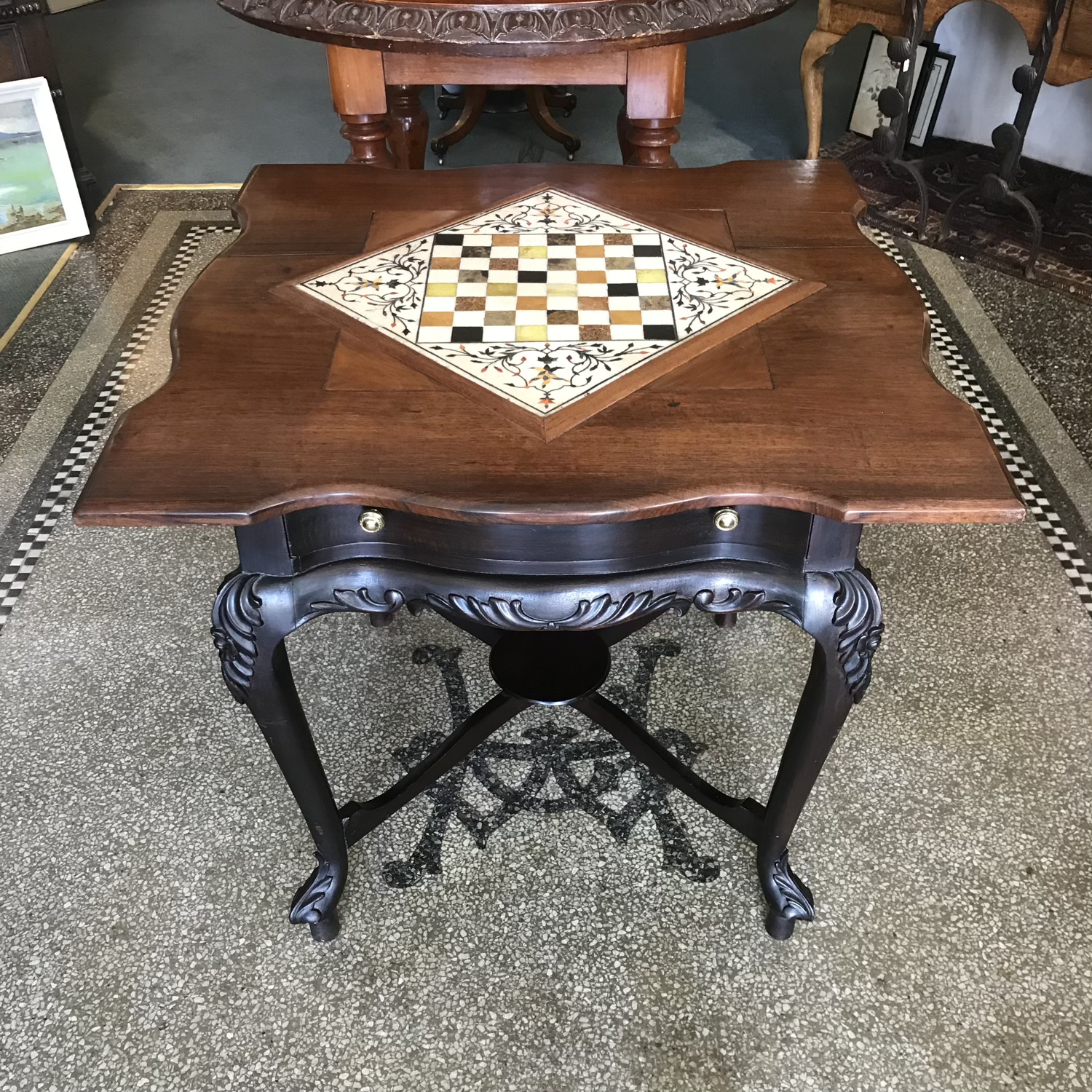 Anglo-Indian Teak Chess table with inlaid alabaster board, twin drawers, c. 1895