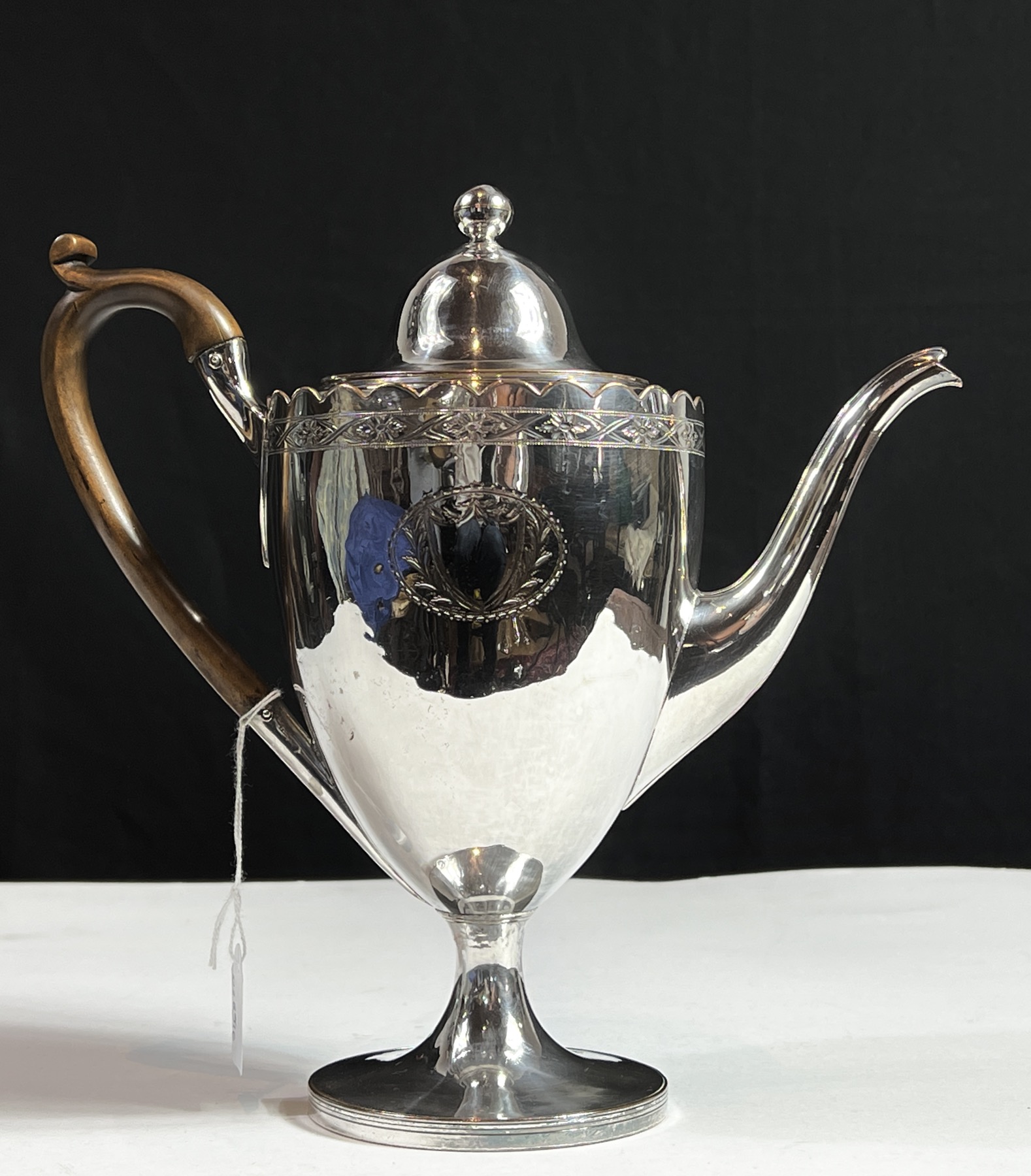 Old Sheffield Plate coffee pot with engraved shield and lobed upper rim, c.1800