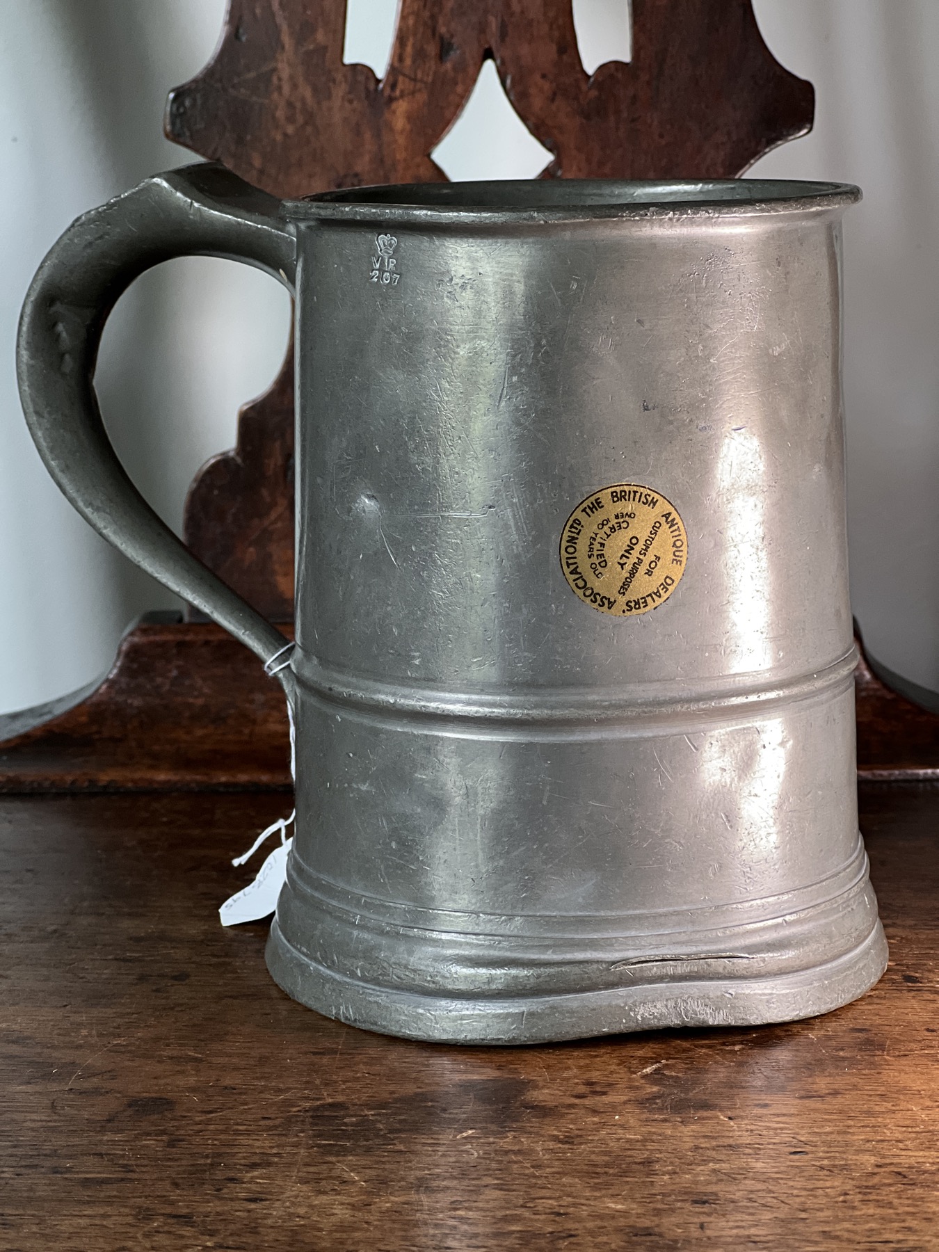 Victorian pewter straight-sided tankard, quart, circa 1850