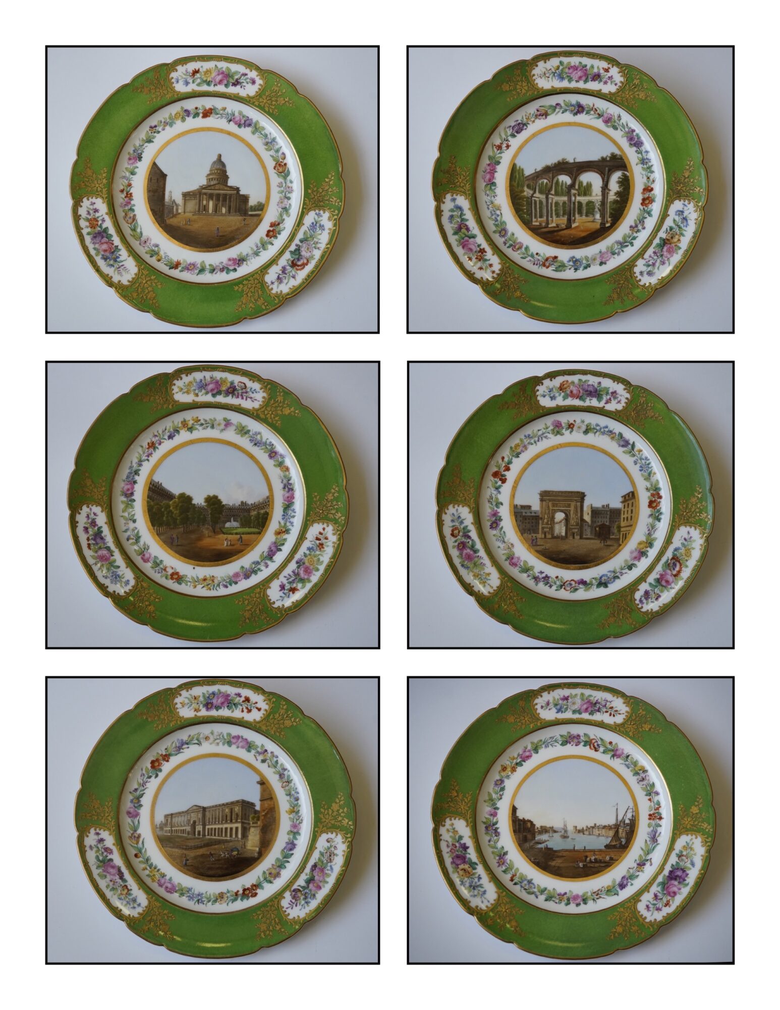 Paris Scenic service, 6pc with superb painted street scenes, by Feuillet c.1830