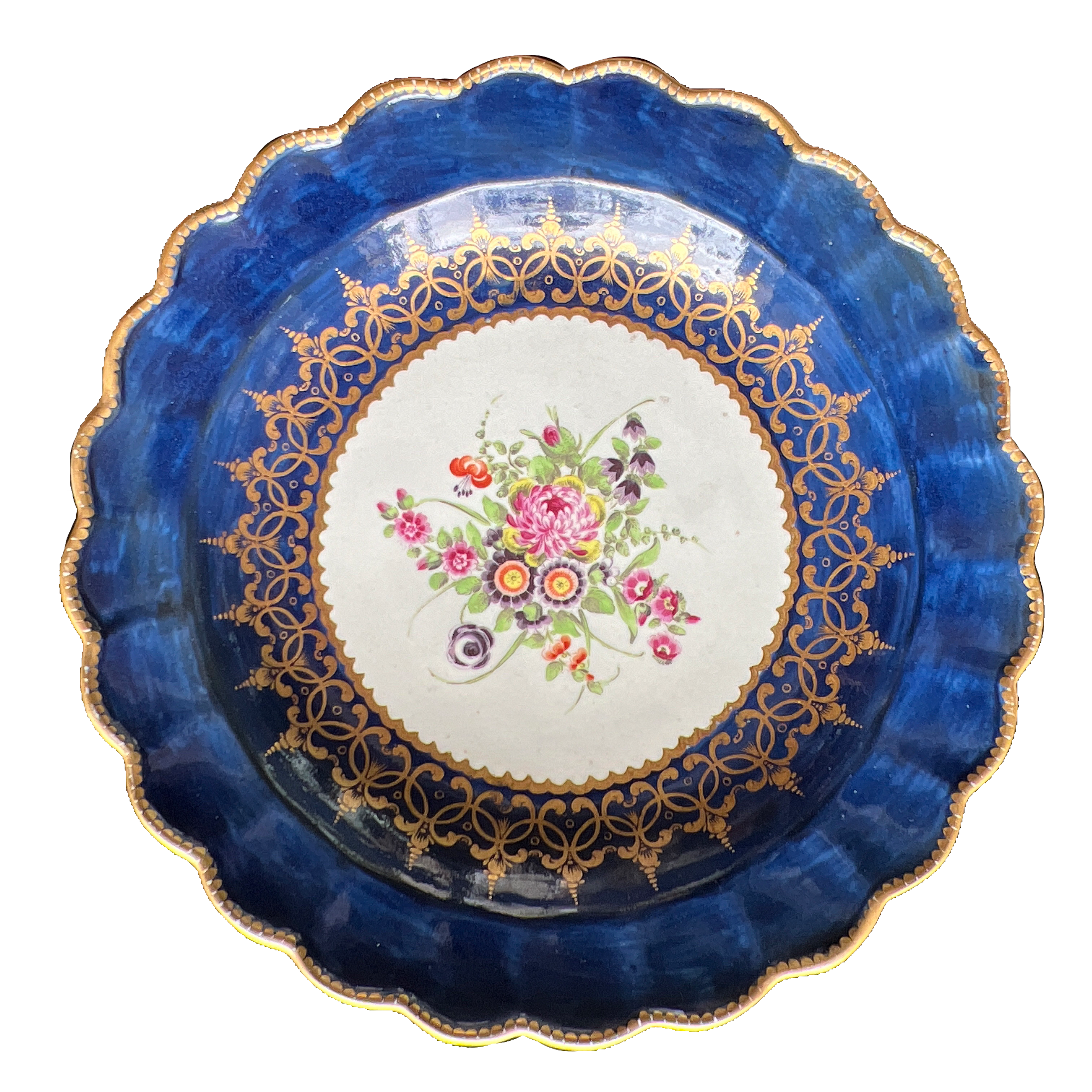 Dr Wall Worcester scalloped edge plate, 'wet blue' border with gilt, flower spray, c.1770