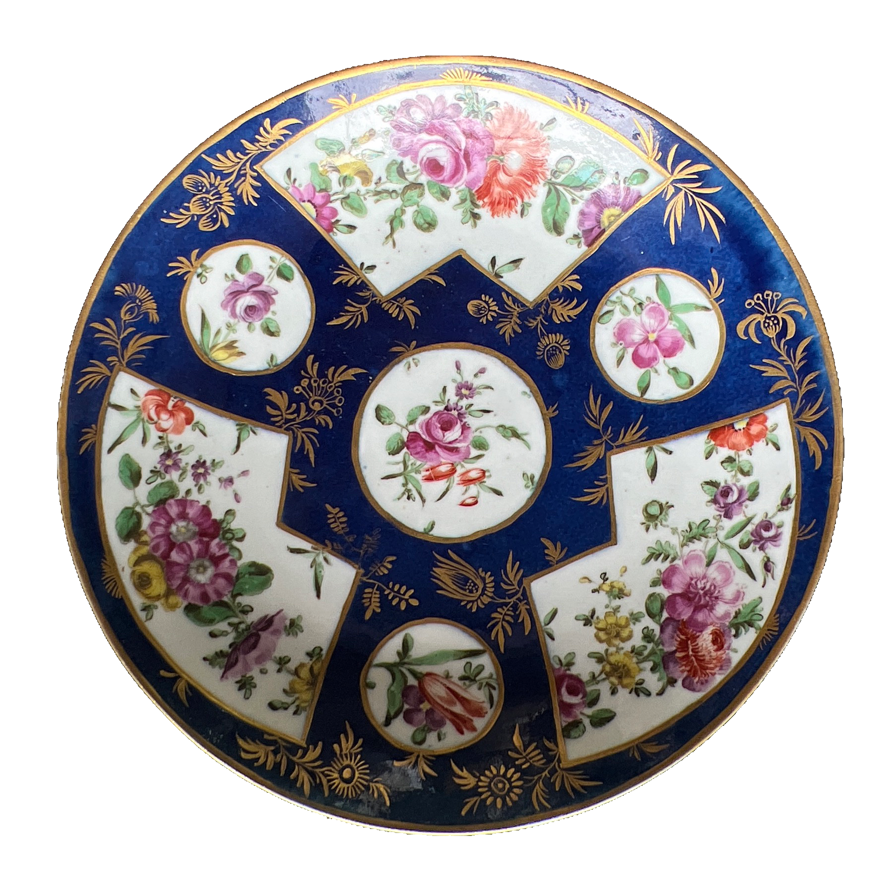 Dr Wall Worcester saucer-dish, powder blue with flowers, gilding, c. 1768