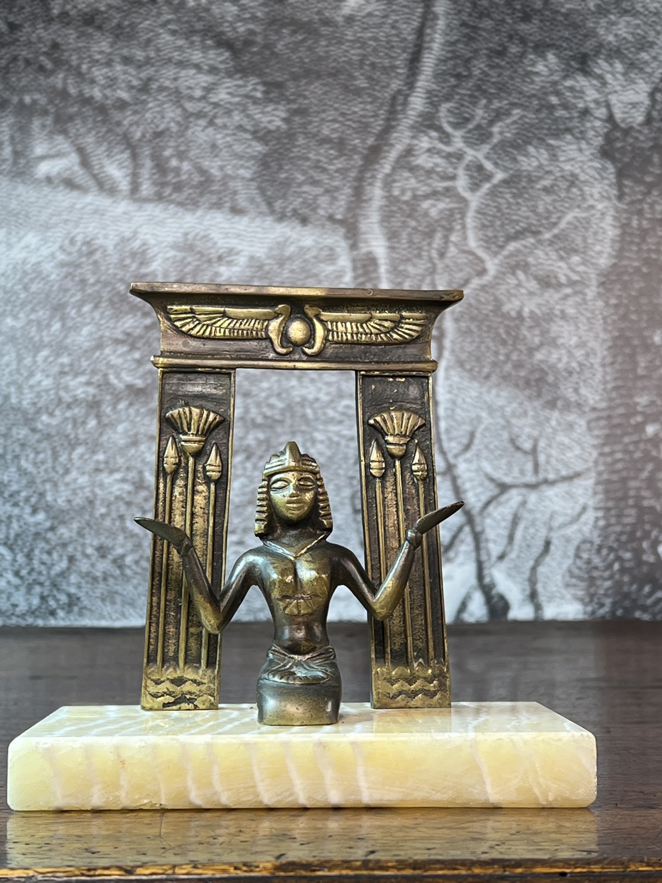 Pair of Egyptian banded alabaster & cast bronze 'Temple' bookends, c. 1930