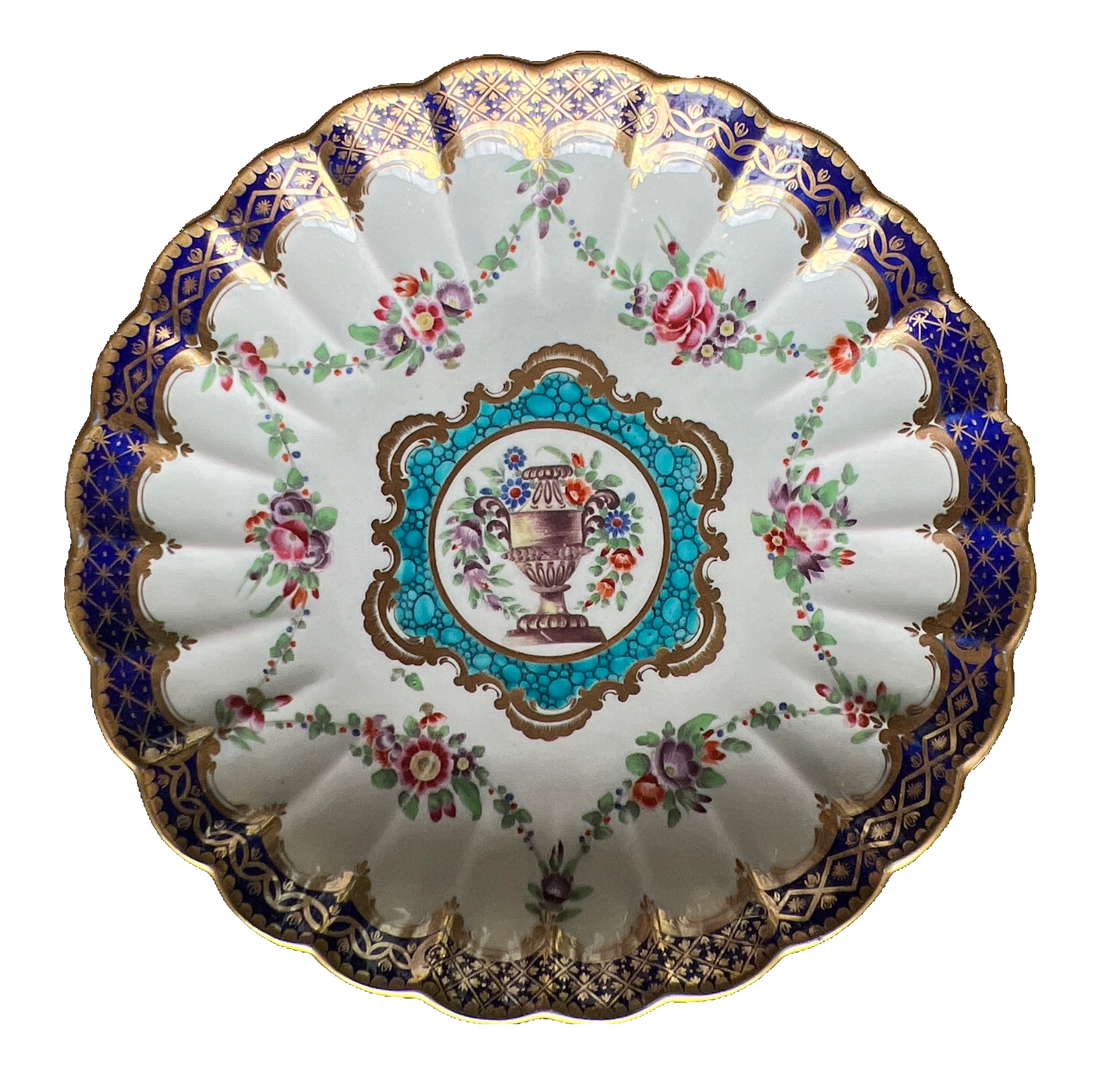 Dr Wall Worcester ‘French’ shape saucer dish with central urn with turquoise frame, c.1770