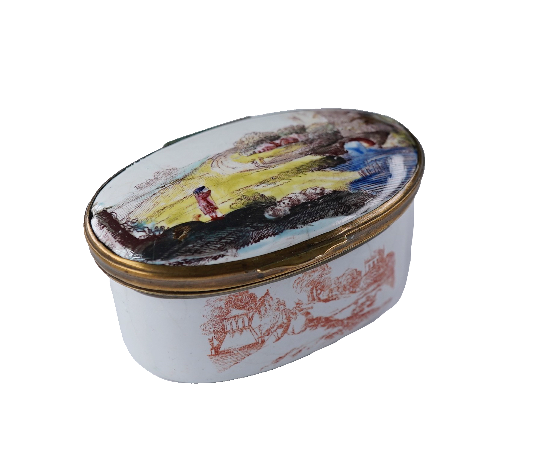 Birmingham enamel box, 2-tones of prints c.1755