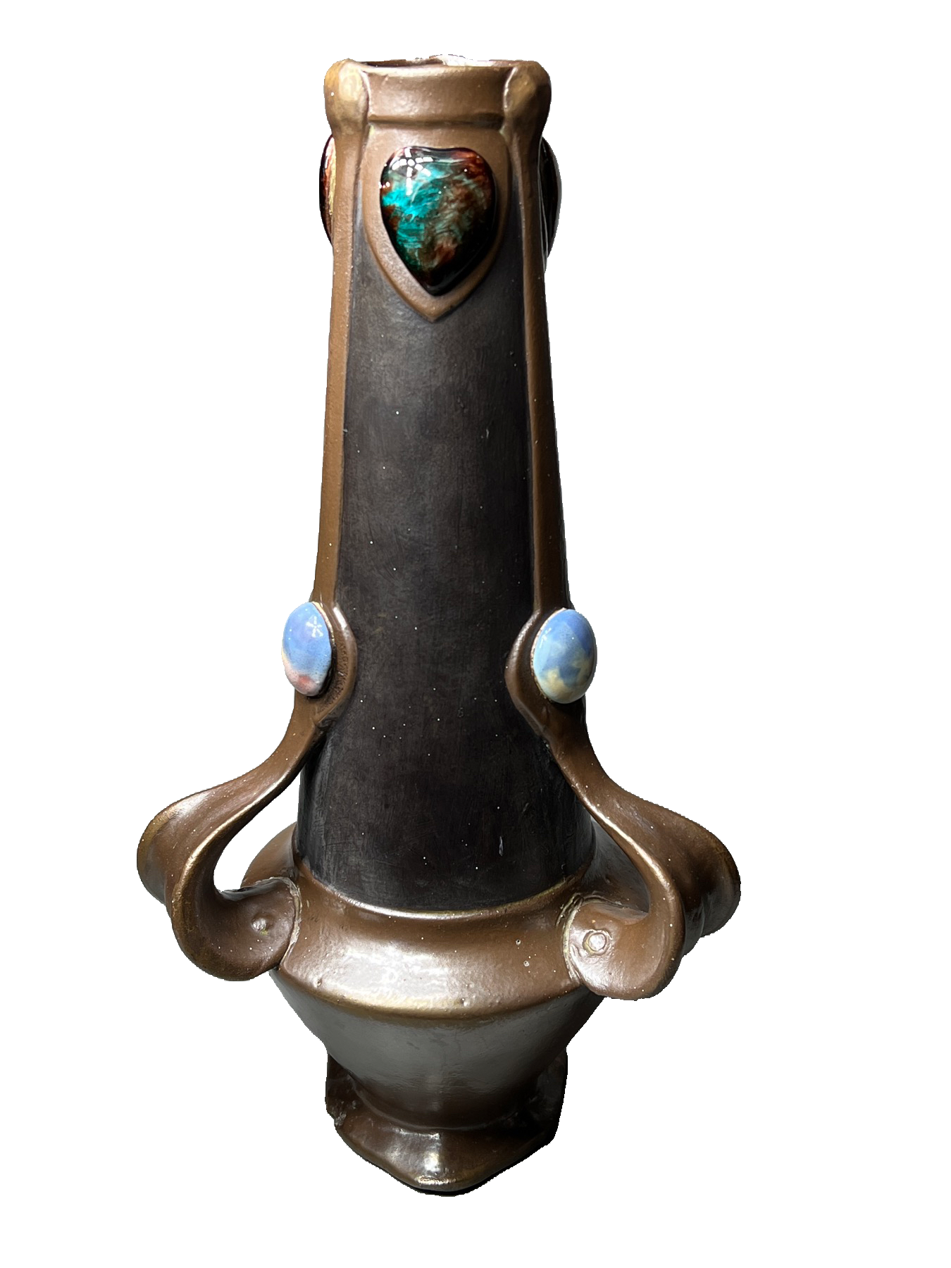 Bretby Arts & Crafts pottery tall vase, applied ‘gems’ & copper finish