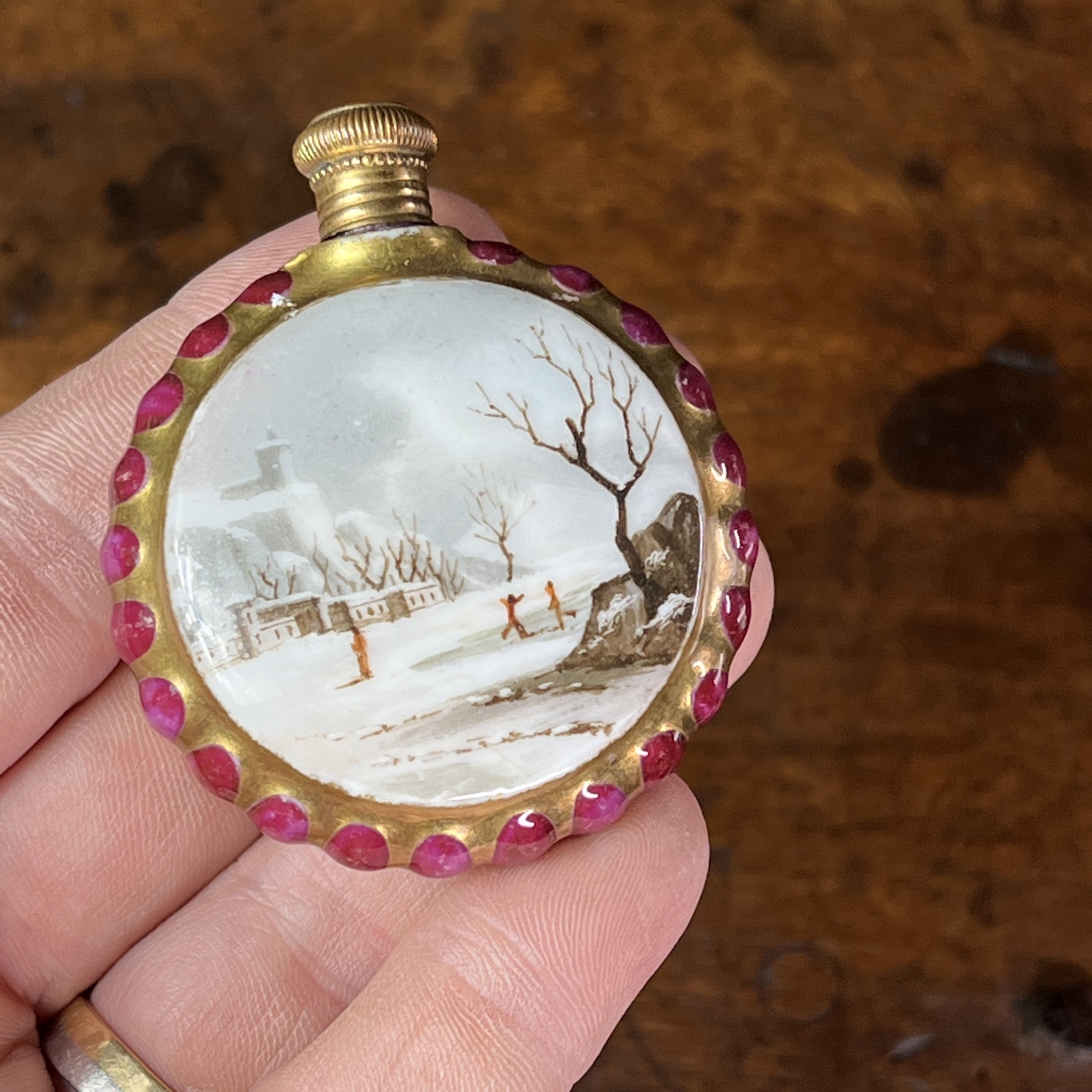 English porcelain perfume bottle, winter/simmer landscape, c. 1835