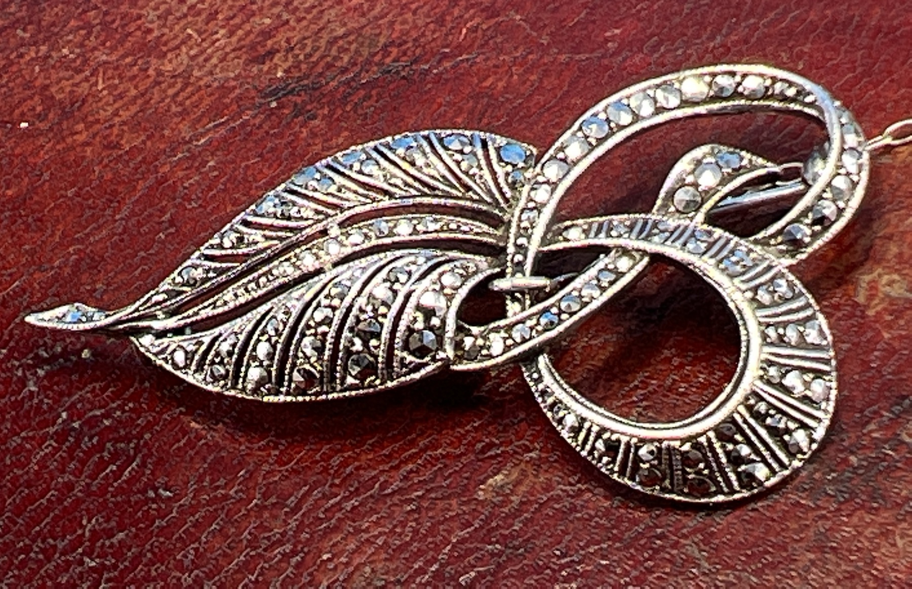 German Art Deco silver marcasite leaf brooch, c.1920