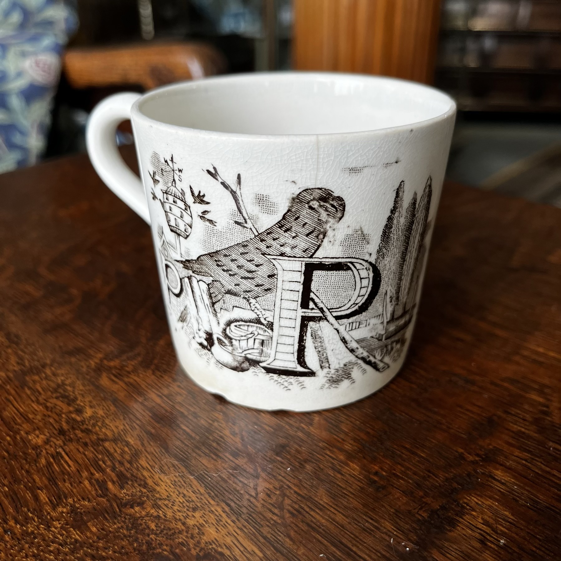 Victorian pottery Child's 'Alphabet Mug', P Q , c. 1840