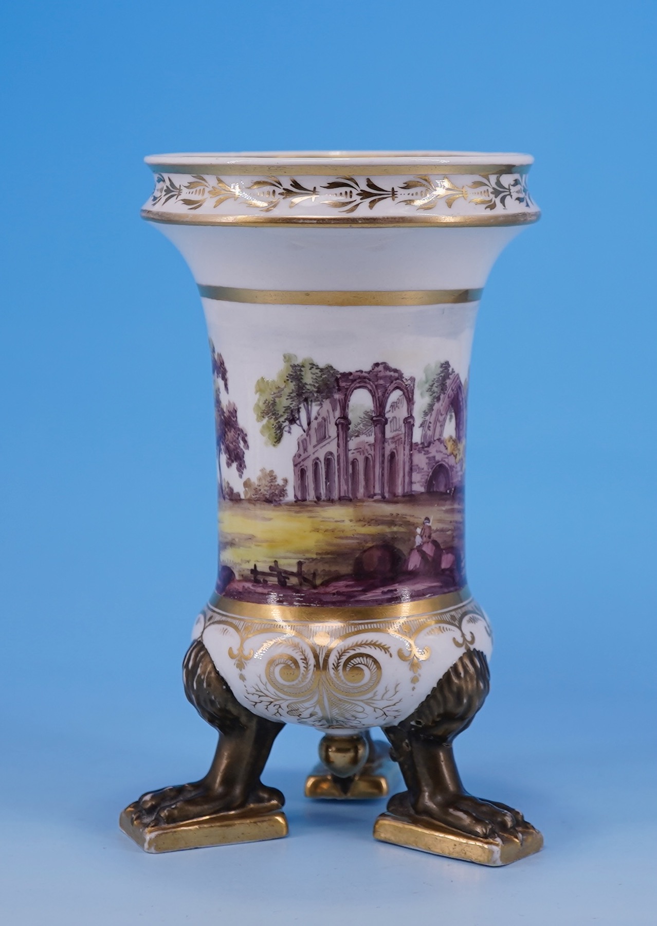 Grainger's Worcester Porcelain spill vase, ruined abbey landscape, bronzed griffin tripod legs, c.1815