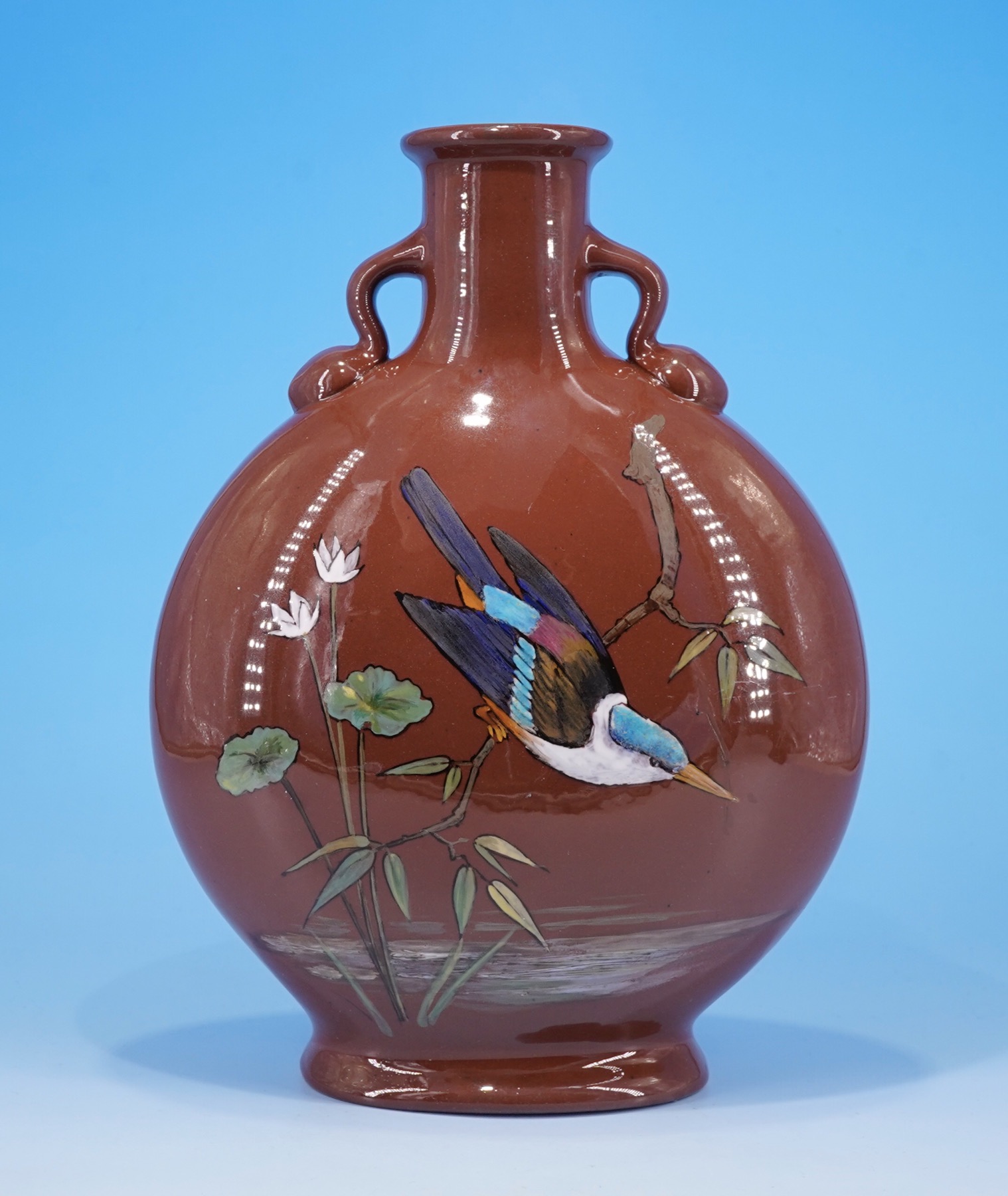 Minton Kensington Art Pottery moon flask, barbotine kingfisher & yellow bird, 1871