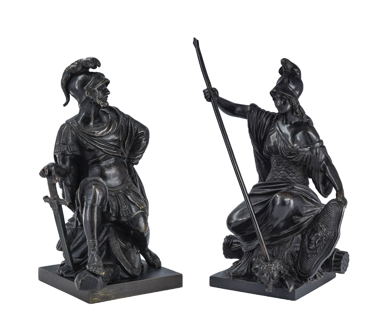 Pair of French bronze classical figures, Mars & Athena, one signed Blanpain, c. 1780