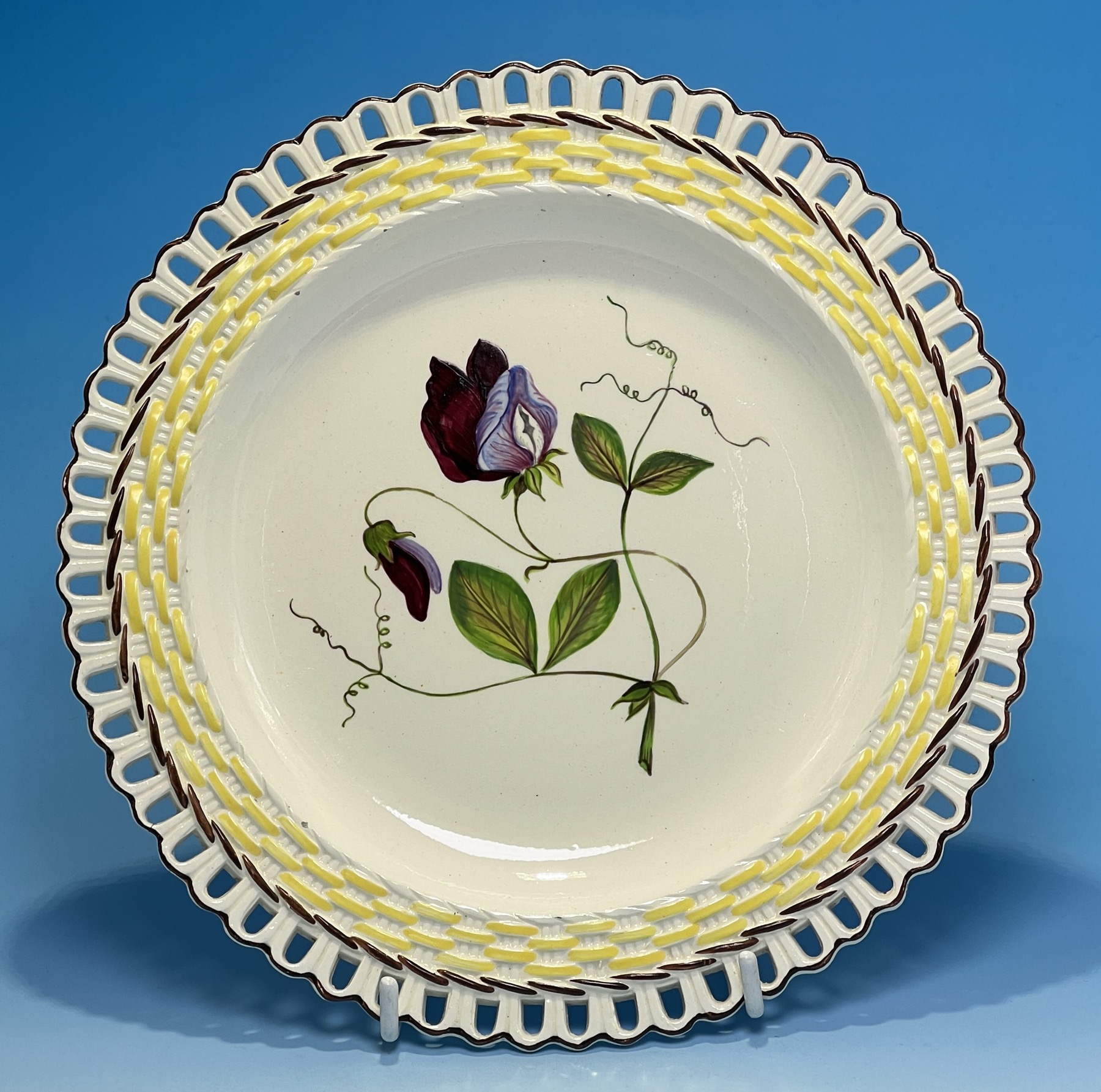 Wilson Creamware pierced basket rim plate, botanical 'Pea', c. 1800